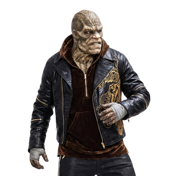 Character in a detailed leather jacket with intricate designs on a white background