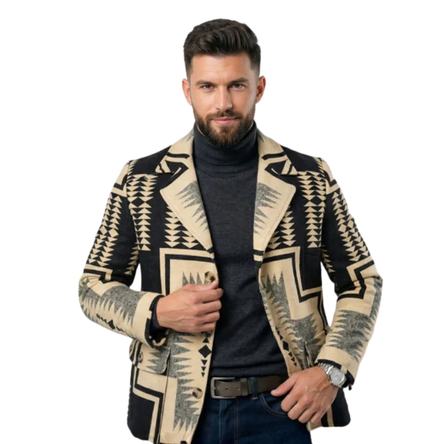 Man wearing a patterned blazer on a white background