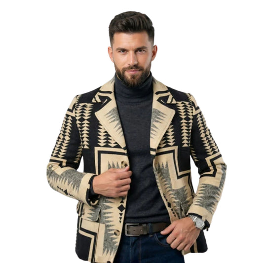 Man wearing a patterned blazer on a white background