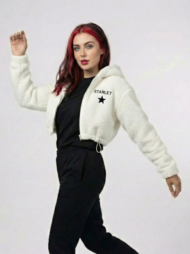 Woman wearing a white fleece jacket with 'Starlet' branding on a plain background