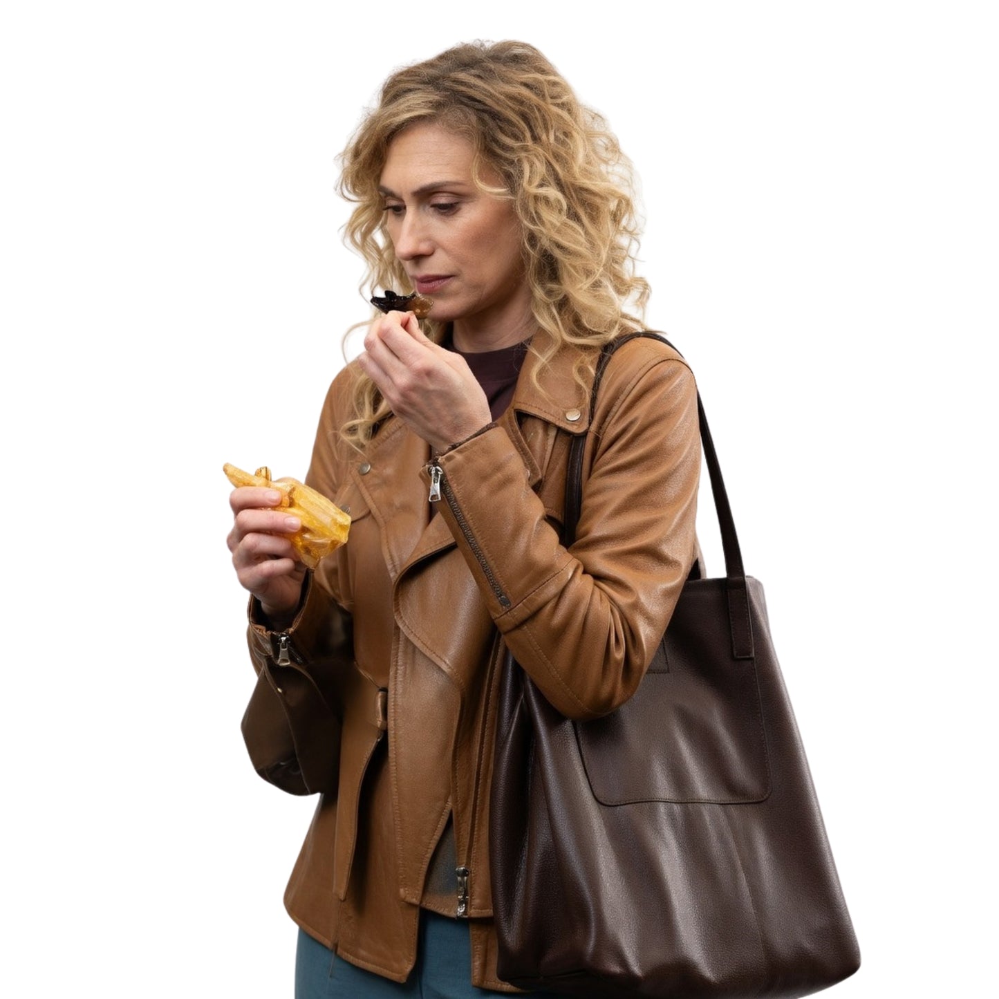 Woman in a brown leather jacket holding a brown leather handbag and eating a snack.
