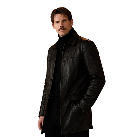 Man wearing a black leather coat on a white background