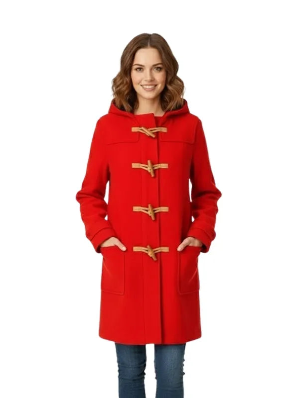 Classic red toggle coat designed with a warm lining and timeless winter style, perfect for everyday cold weather wear
