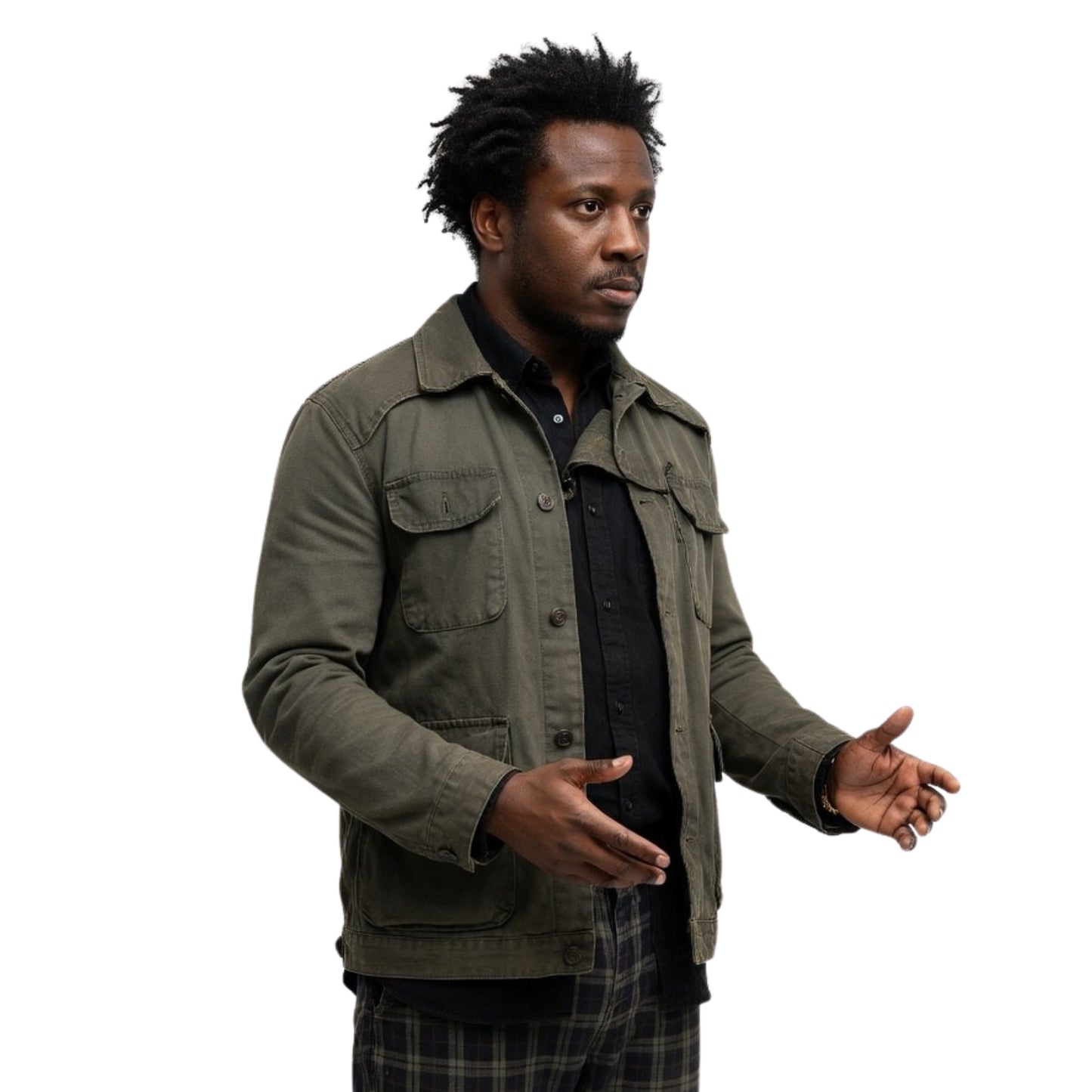 Man wearing a green jacket on a white background
