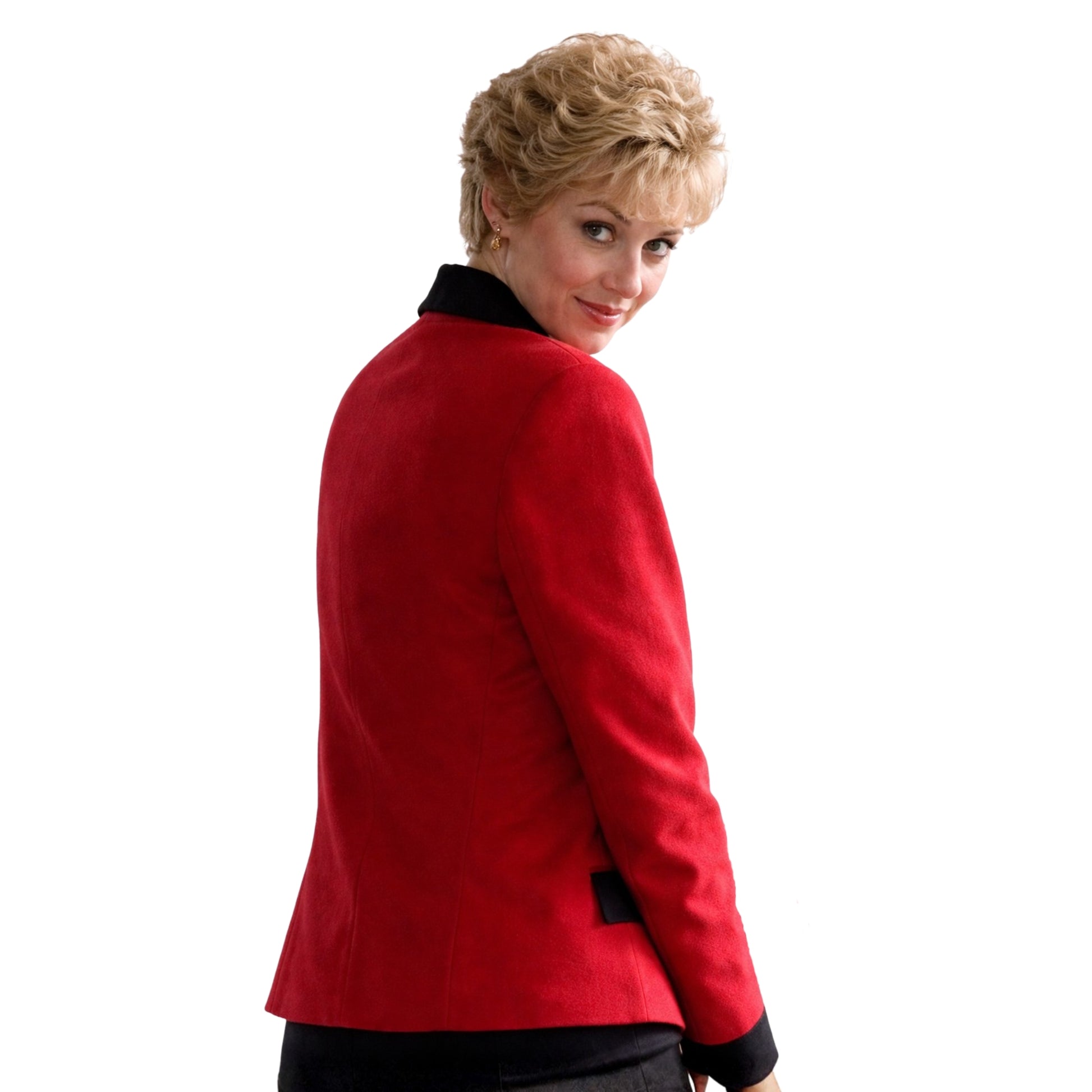Woman wearing a red jacket with black trim on a white background