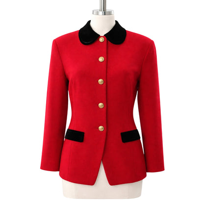 Red jacket with black collar and buttons on a mannequin against a white background