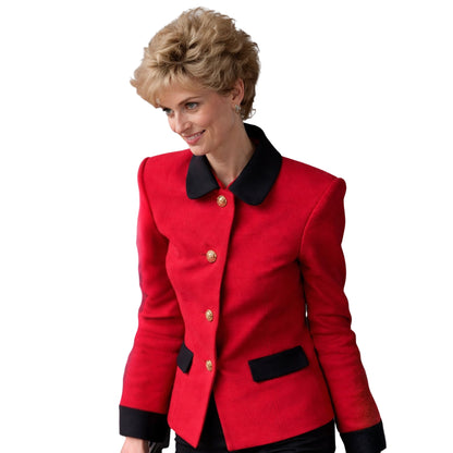 Woman wearing a red jacket with black accents on a white background