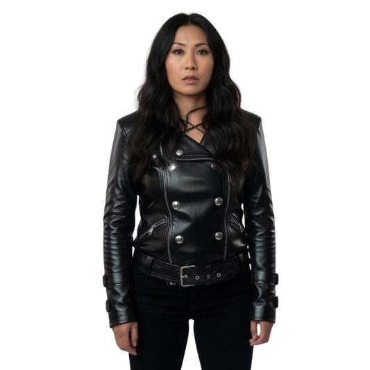 Woman wearing a black leather jacket on a white background