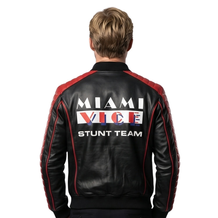 Black leather jacket with 'Miami Vice Stunt Team' text on the back, worn by a person.