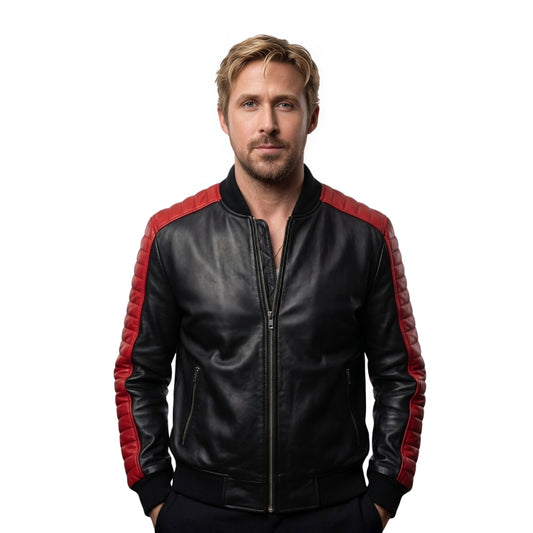 Man wearing a black leather jacket with red accents on a white background