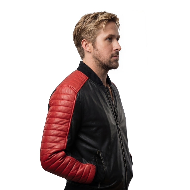 Man wearing a black and red leather jacket on a white background