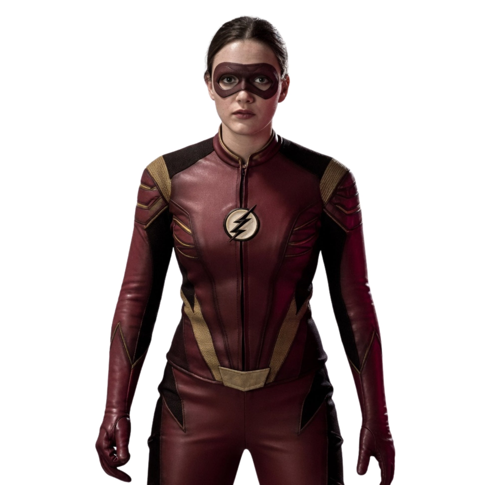 Person wearing a superhero costume with a prominent logo on a white background
