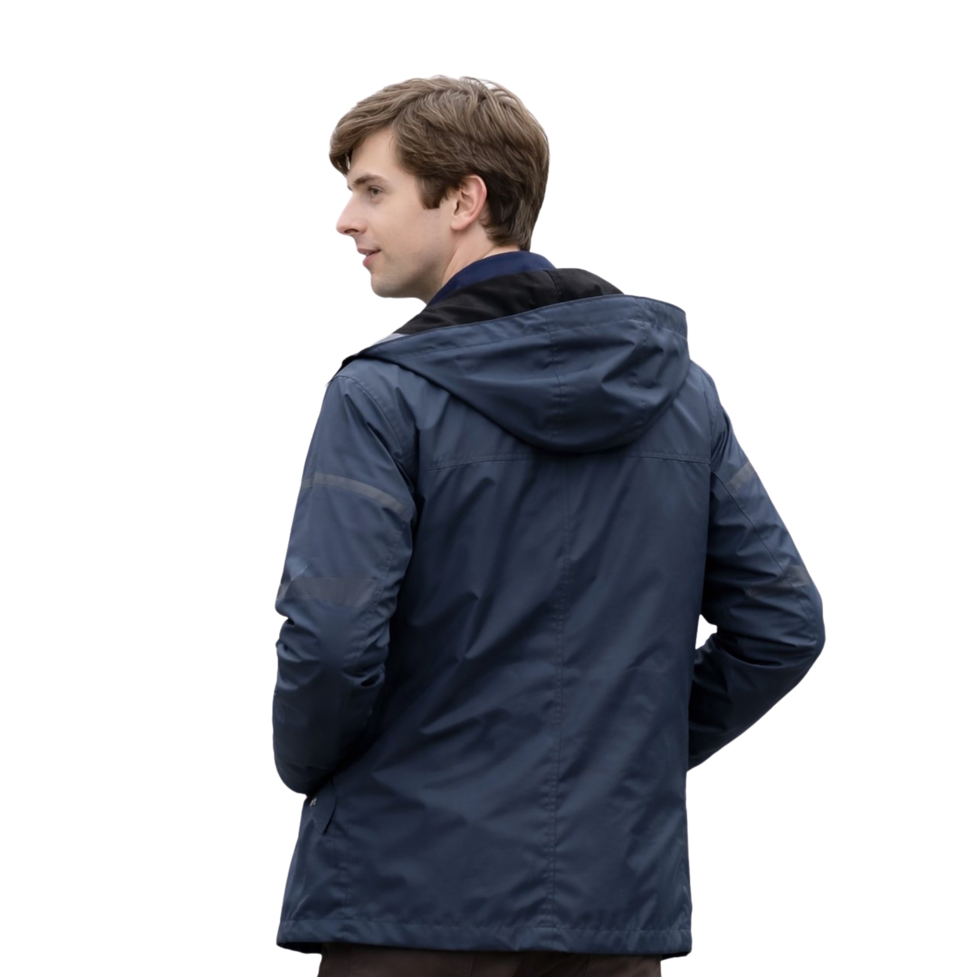 Man wearing a blue jacket on a white background