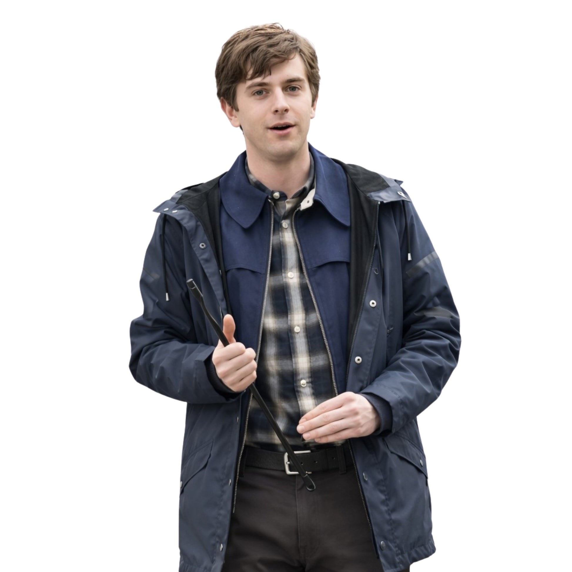 Man wearing a blue raincoat over a plaid shirt on a white background