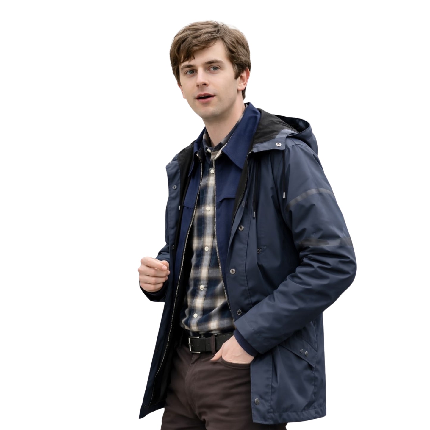 Man wearing a navy raincoat over a plaid shirt on a white background