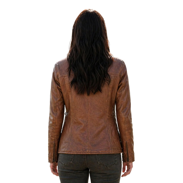 Brown leather jacket worn by a person on a white background