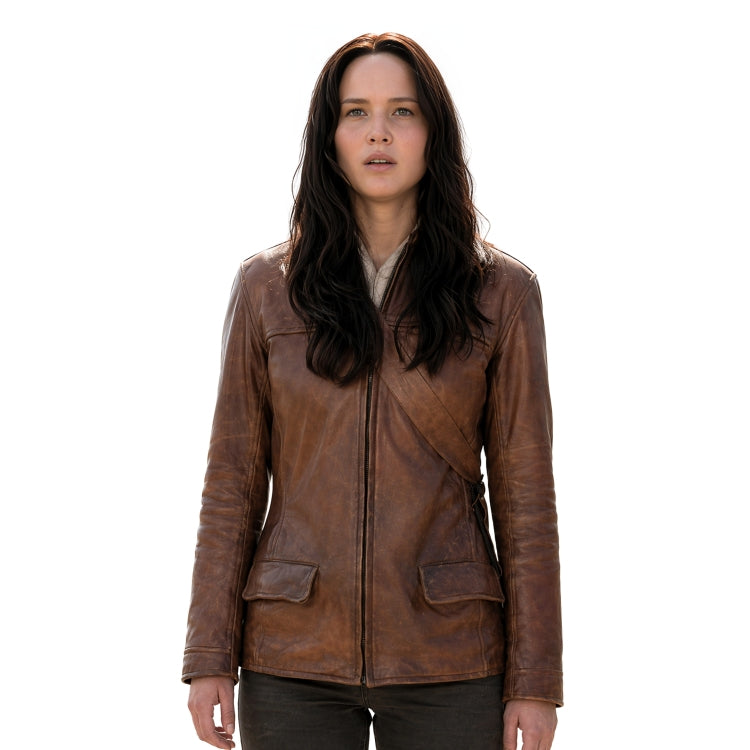 Person wearing a brown leather jacket on a white background