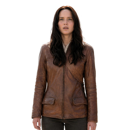 Person wearing a brown leather jacket on a white background