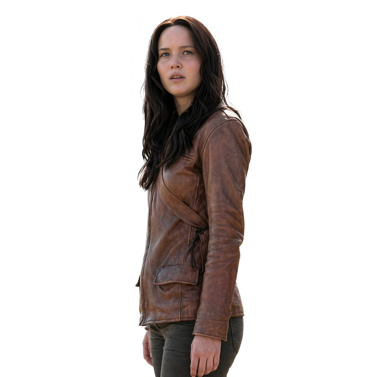 Woman wearing a brown leather jacket on a white background
