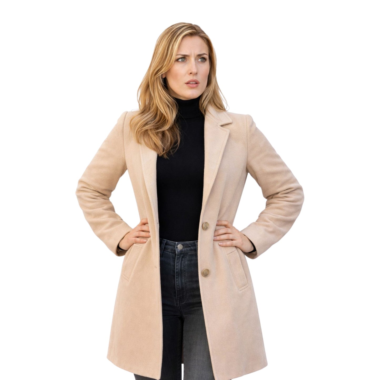 Woman wearing a beige coat on a white background