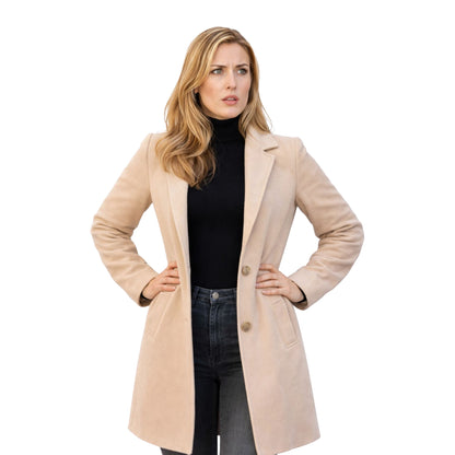 Woman wearing a beige coat on a white background