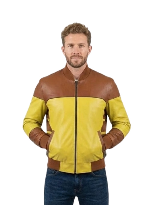 Man wearing a yellow and brown leather jacket on a white background