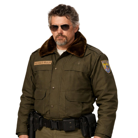 Person wearing a brown shearling collar bomber jacket on a white background