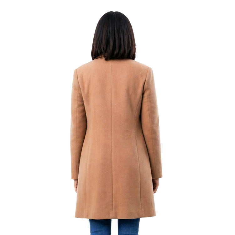 Person wearing a tan coat on a white background
