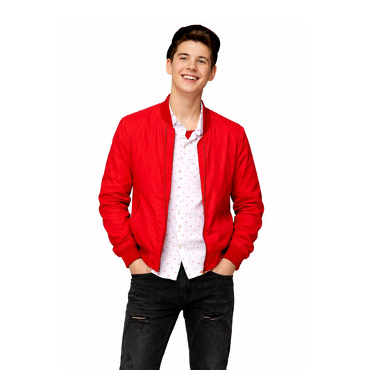 Person wearing a red jacket over a white shirt with black pants on a white background