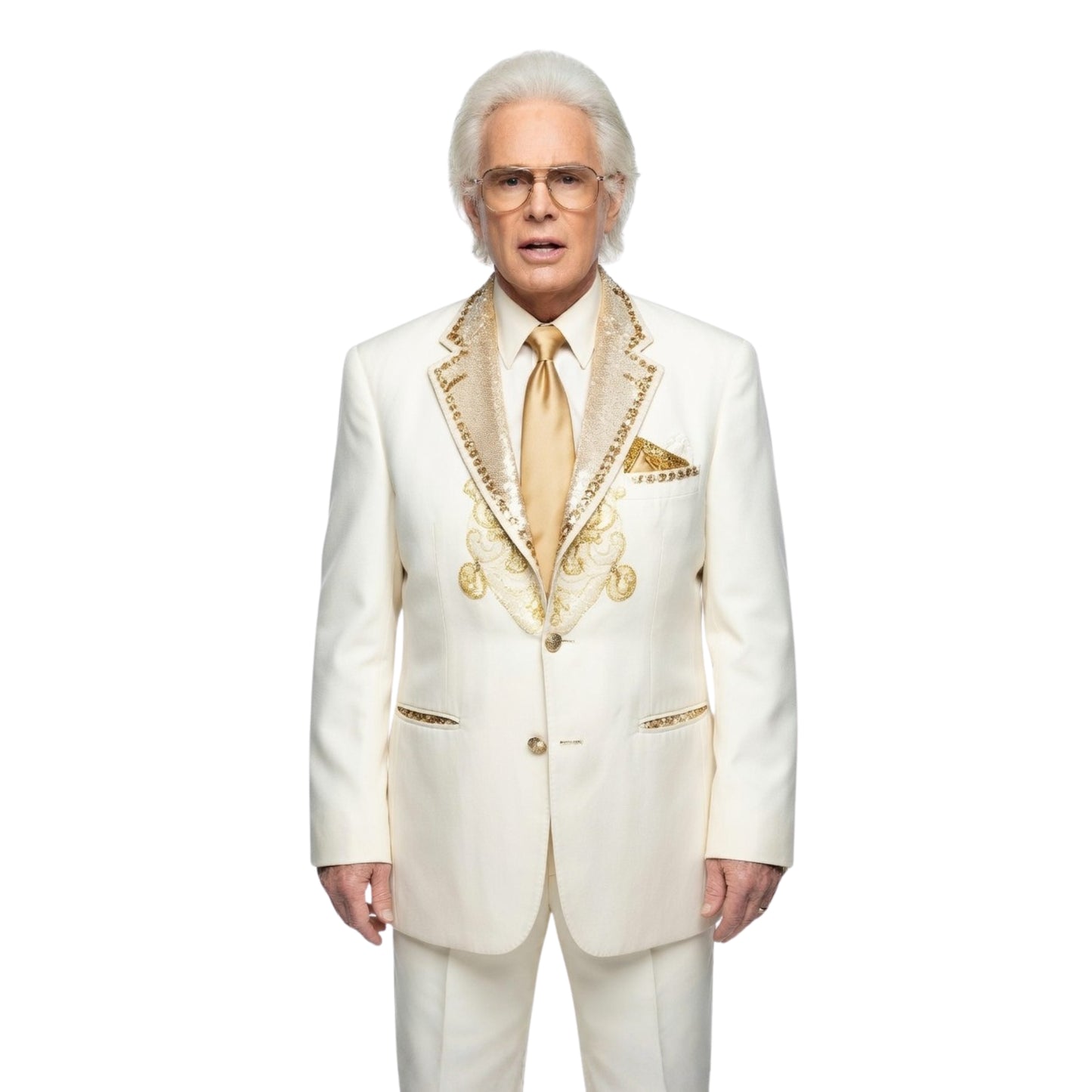 Man wearing a white suit with gold accents on a white background