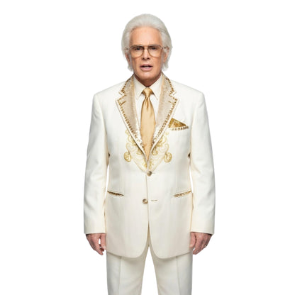 Man wearing a white suit with gold accents on a white background