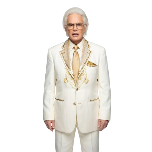 Man wearing a white suit with gold accents on a white background