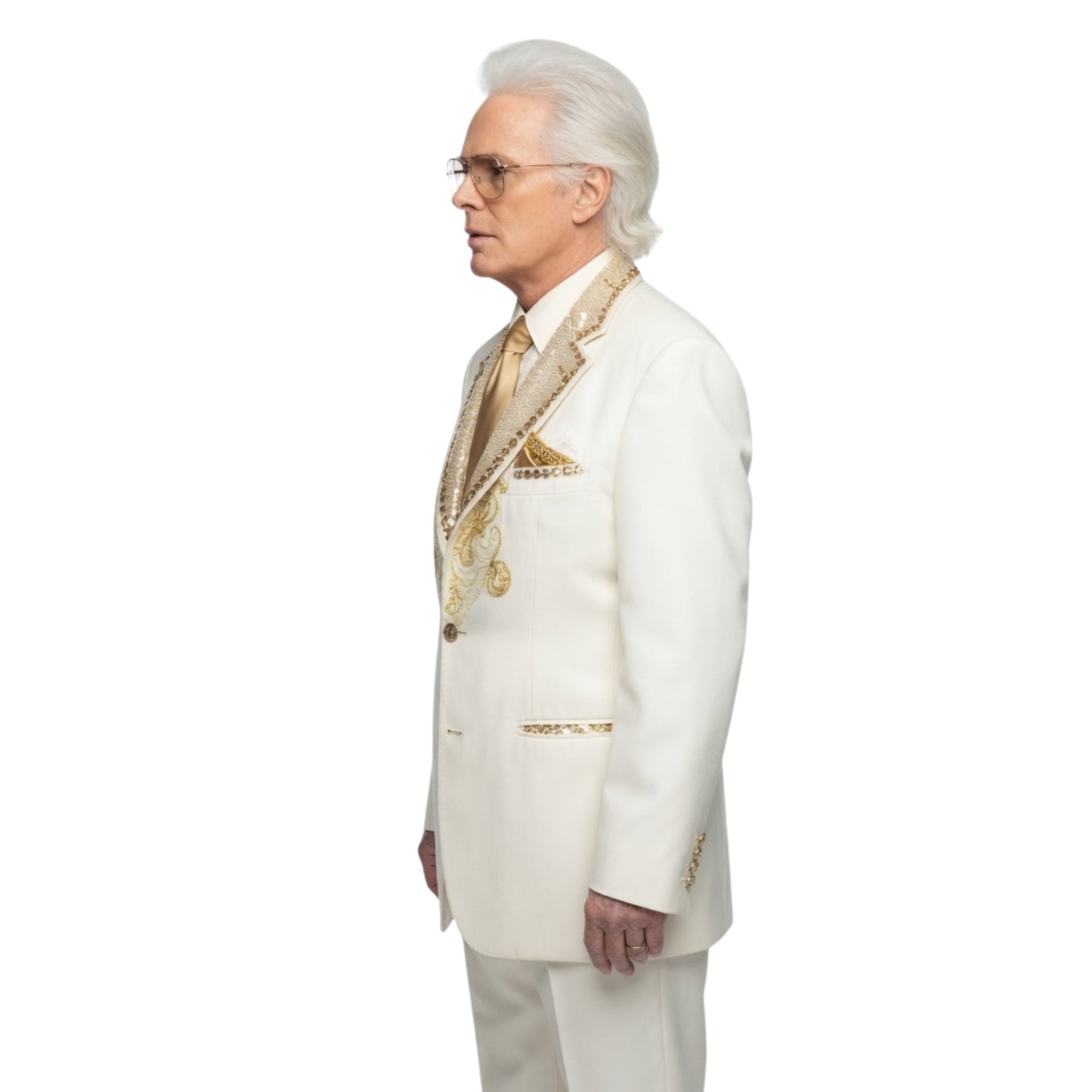 Man wearing a white suit with gold accents on a white background