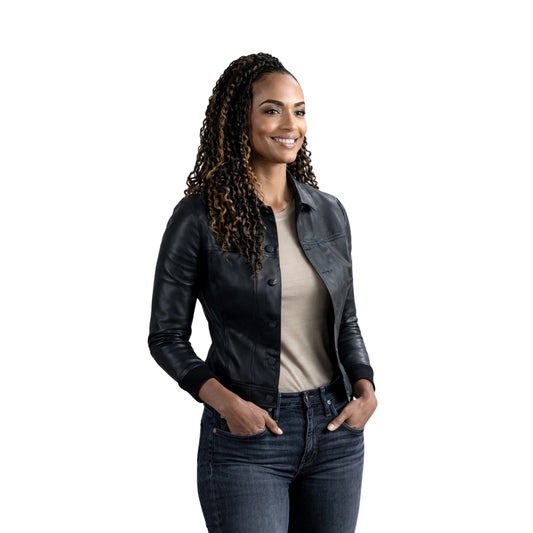 Woman wearing a black leather jacket and jeans on a white background