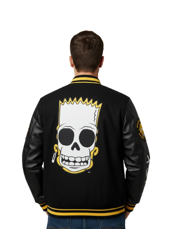 Black jacket with a skull design on the back worn by a person, white background