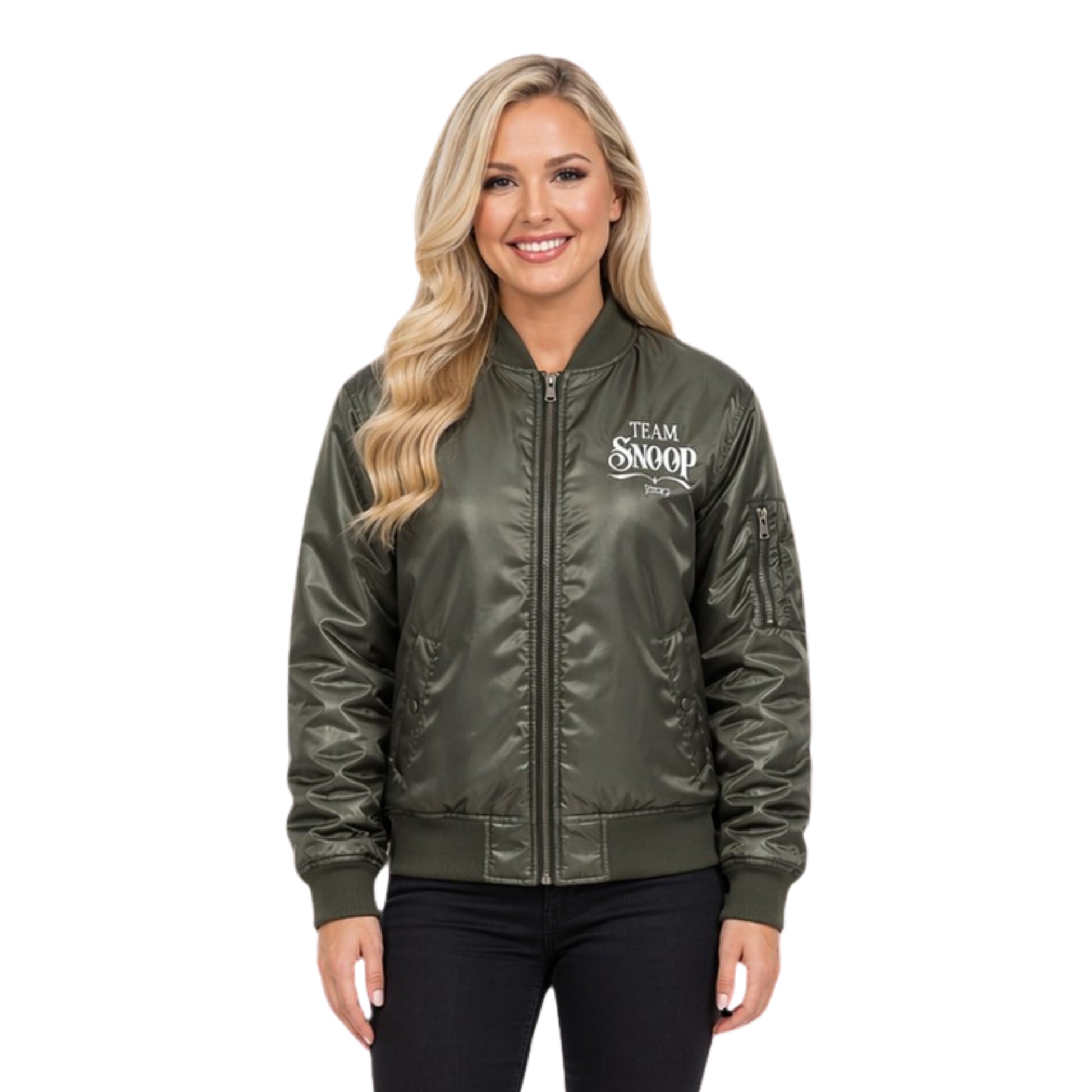 Woman wearing a green bomber jacket with 'Team Snoop' text on a white background