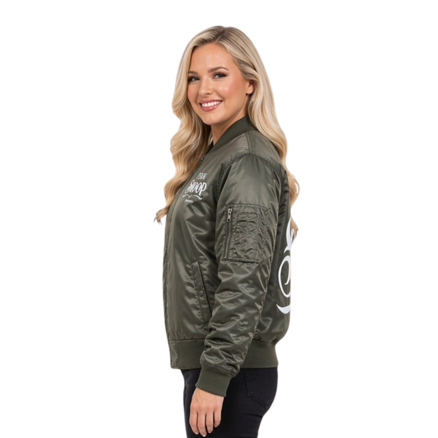Woman wearing a green bomber jacket with branding on a white background