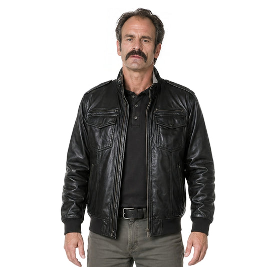 Man wearing a black leather jacket on a white background