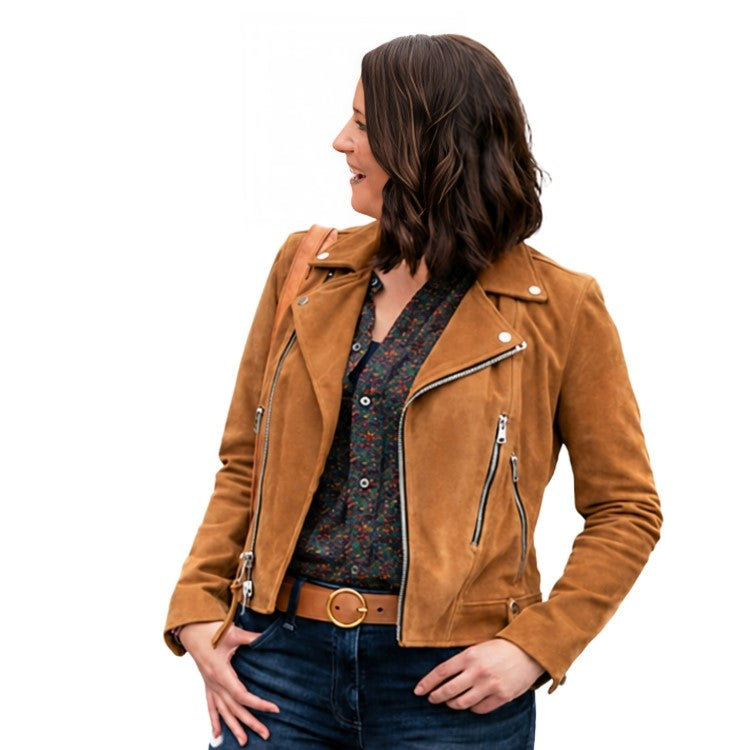 Woman wearing a brown leather jacket on a white background