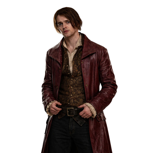 Person wearing a long brown leather coat on a white background