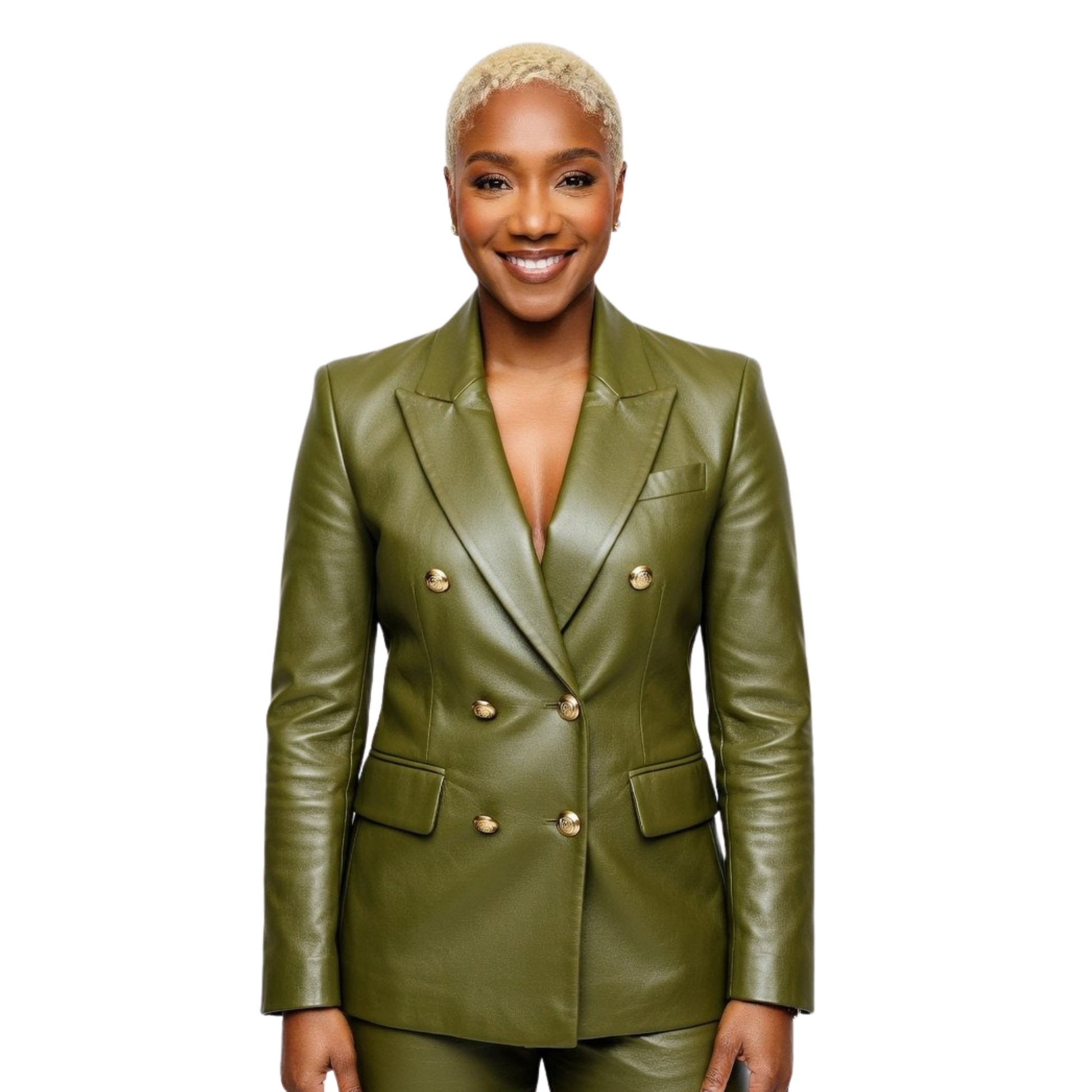 Woman wearing a green leather suit with gold buttons on a white background