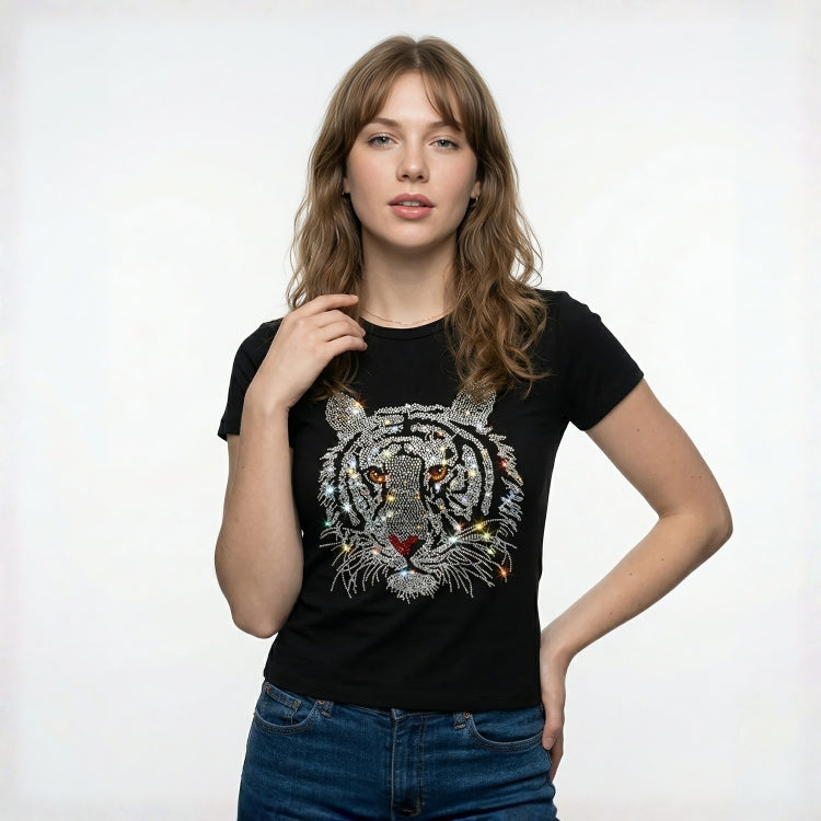 Woman wearing a black t-shirt with a tiger design on a white background
