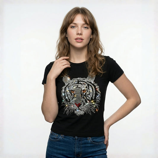 Woman wearing a black t-shirt with a tiger design on a white background