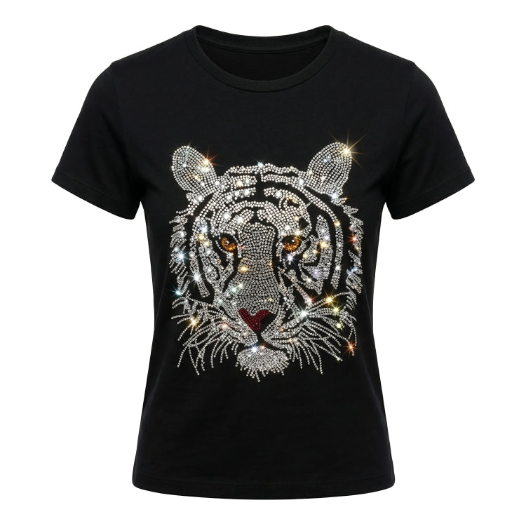 Black t-shirt with a rhinestone tiger design on a white background
