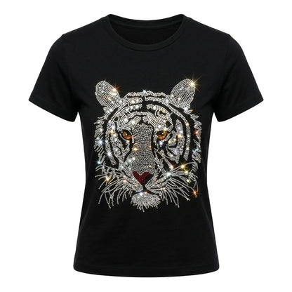 Black t-shirt with a rhinestone tiger design on a white background