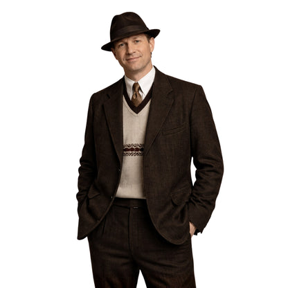 Man wearing a brown suit with a hat on a white background