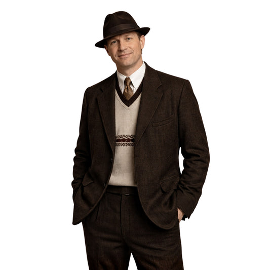 Man wearing a brown suit with a hat on a white background