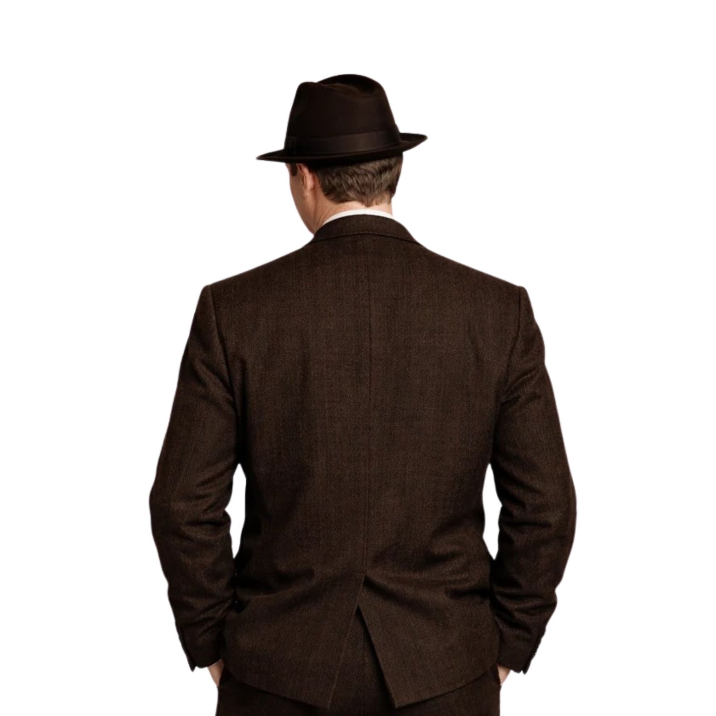 Man wearing a brown suit and hat from behind on a white background