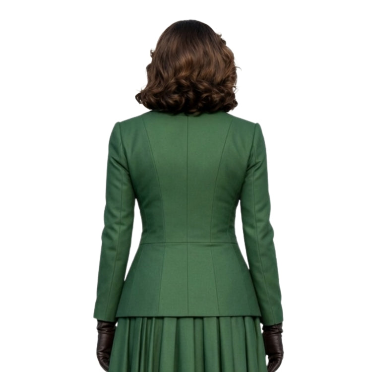 Green coat worn by a person on a white background