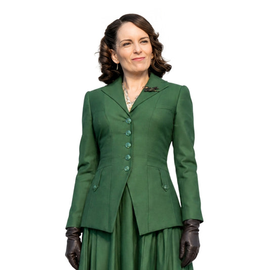 Woman wearing a green suit with gloves on a white background